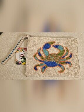 Beaded Crab Wristlet Clutch in Cream with Multicolor Embroidery